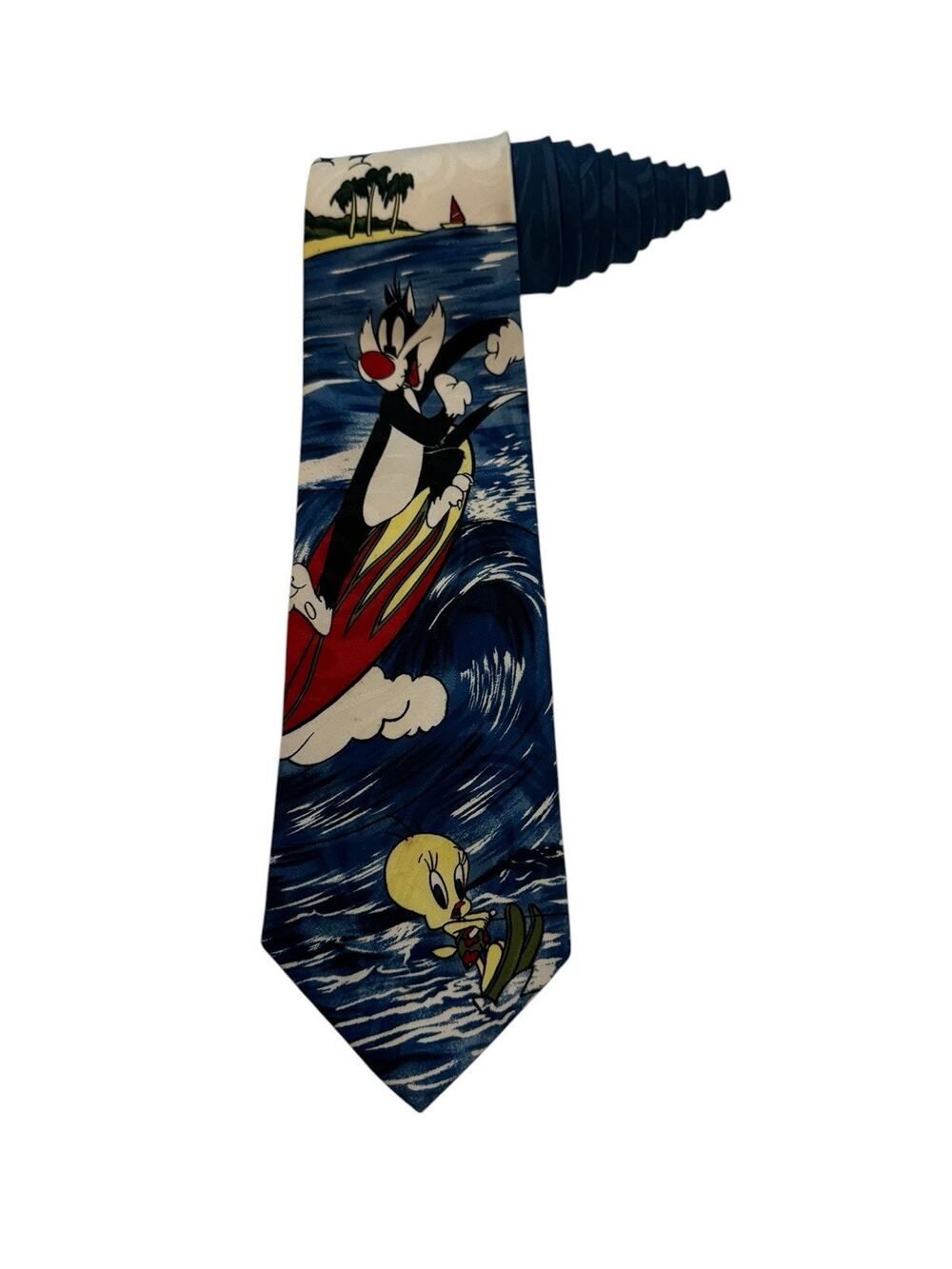 Looney Tunes Sylvester Tweety Surfing Water Skiing Beach Cartoon Necktie